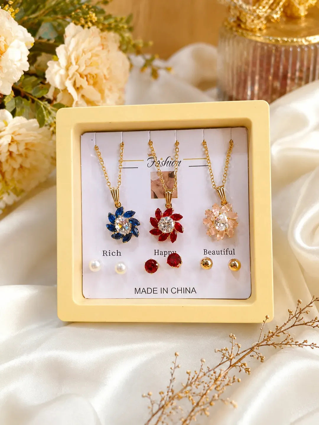 Gold Plated Crystal Flower Pendant Set for Women