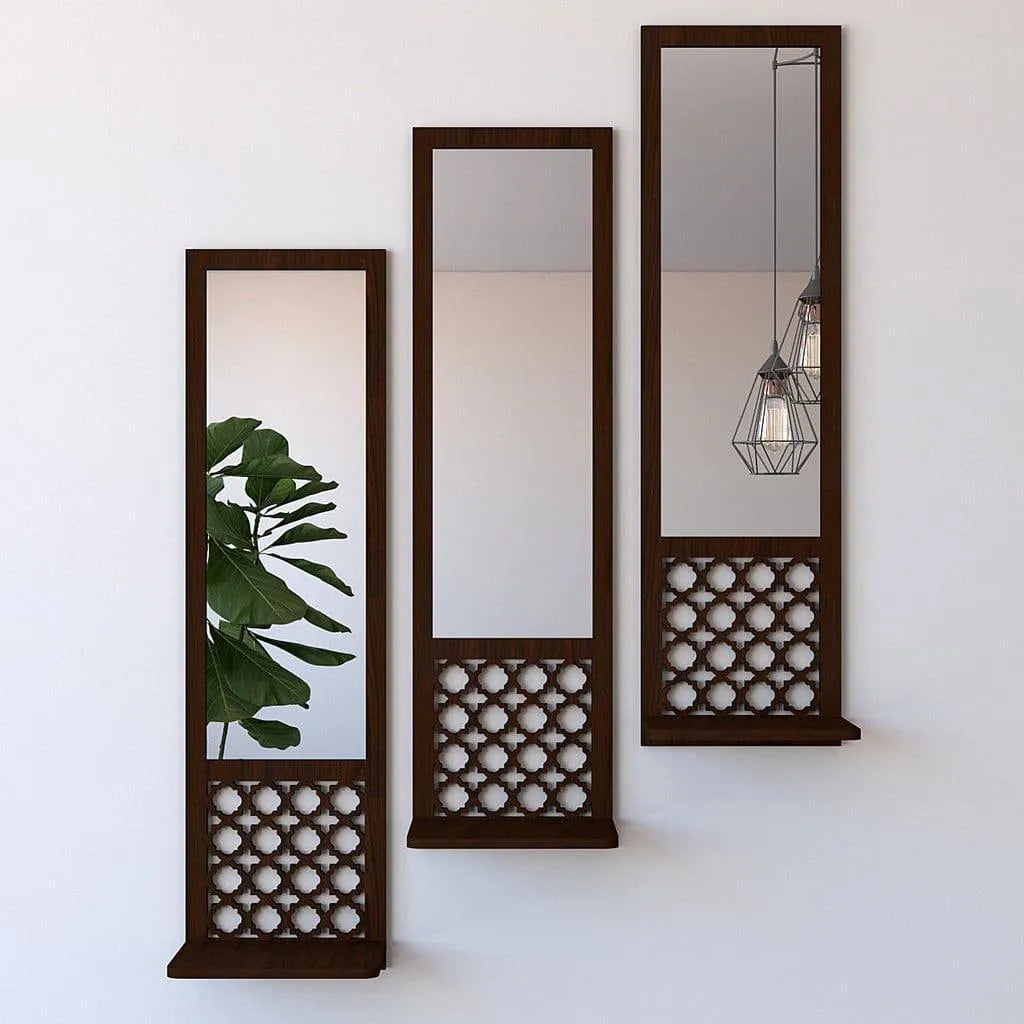 Modern Abstract Wooden Mirror Wall Shelves Set of 3