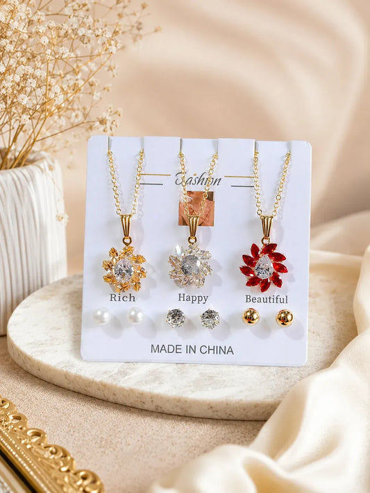 Gold Plated Crystal Flower Pendant Set for Women