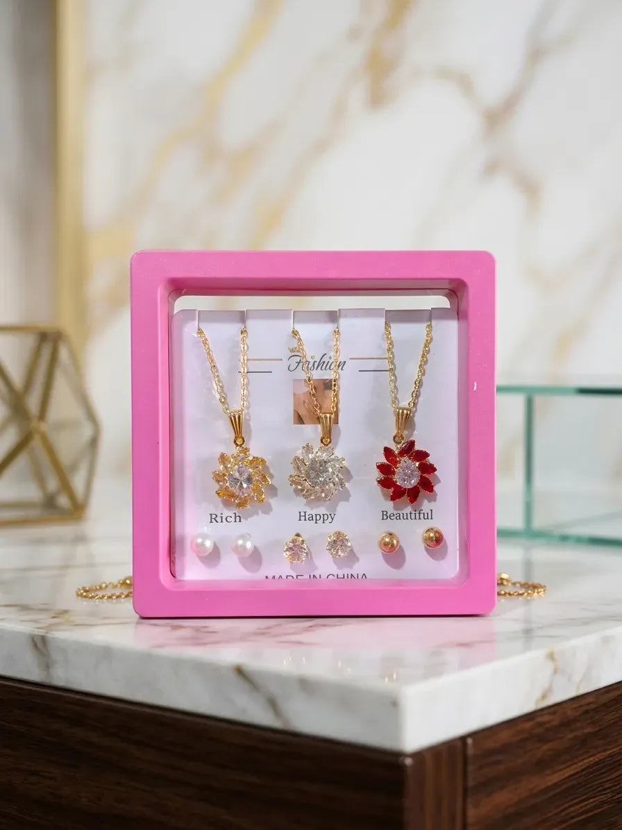 Gold Plated Crystal Flower Pendant Set for Women