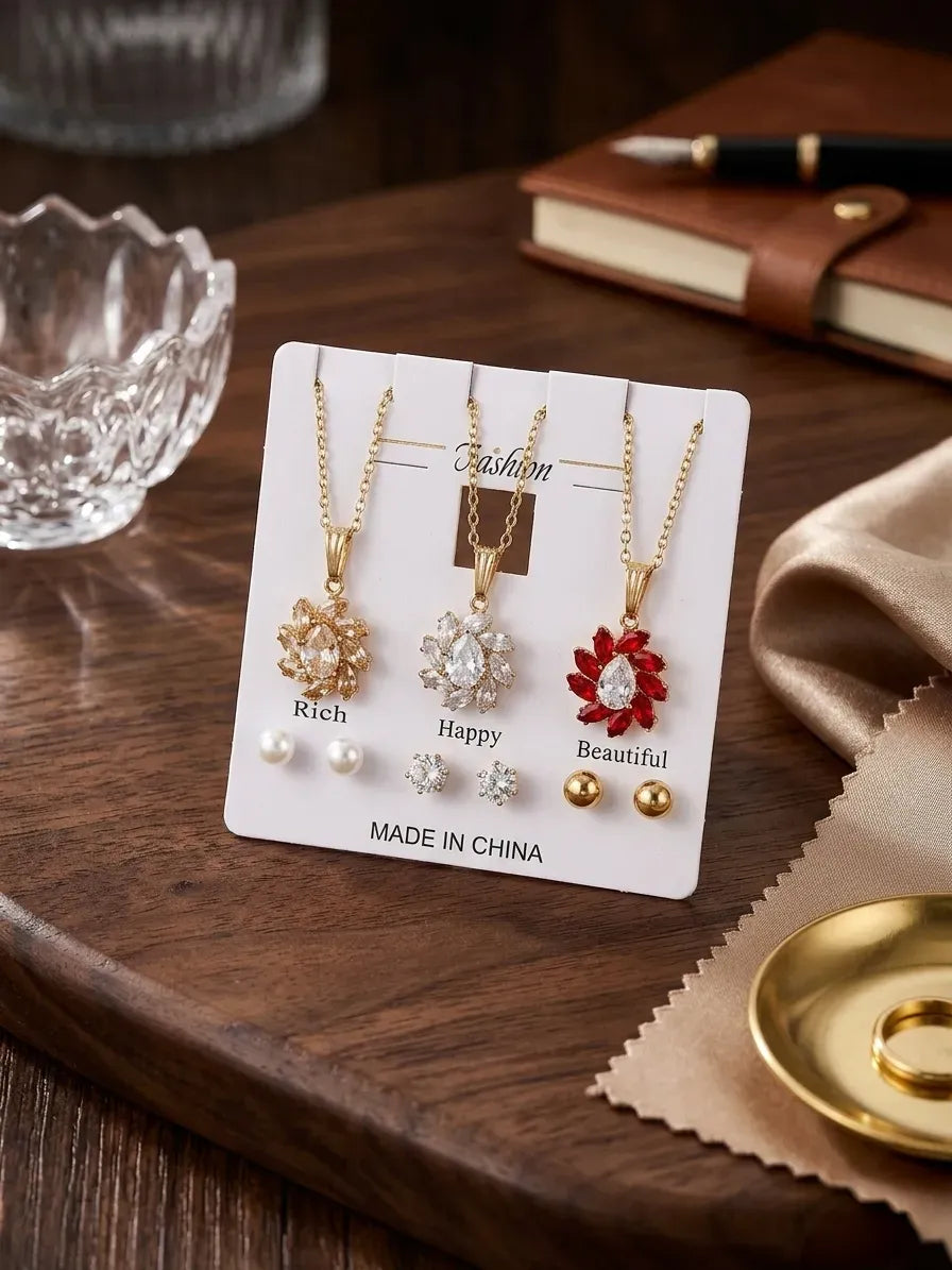 Gold Plated Crystal Flower Pendant Set for Women