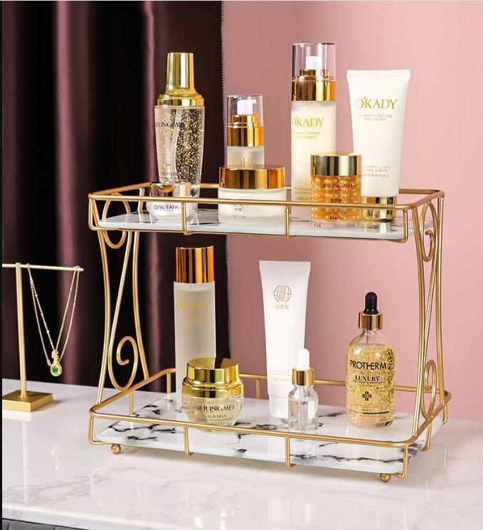 Golden Double Layer Makeup Rack with No Leak Storage