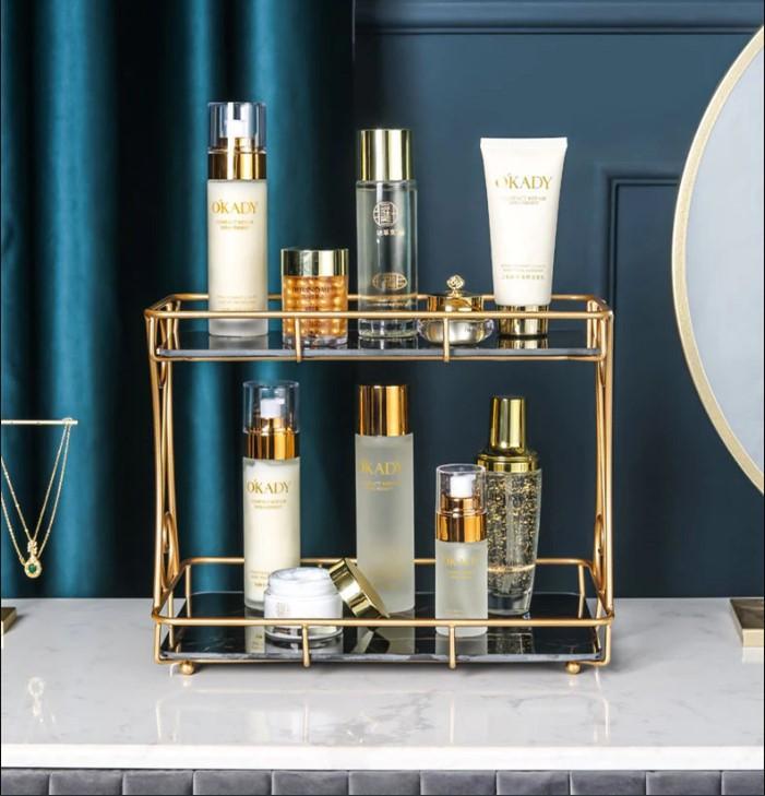 Golden Double Layer Makeup Rack with No Leak Storage