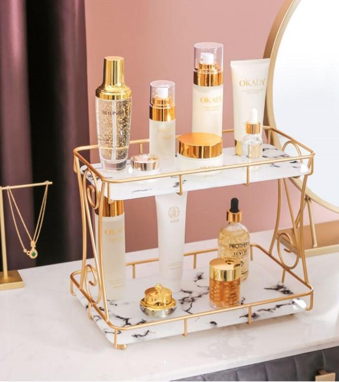 Golden Double Layer Makeup Rack with No Leak Storage