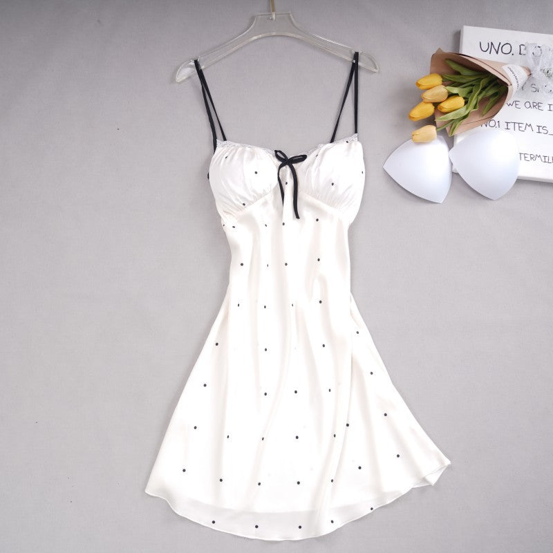 Cute Printed Ice Silk Nightgown with Belt for Women Summer Home Wear