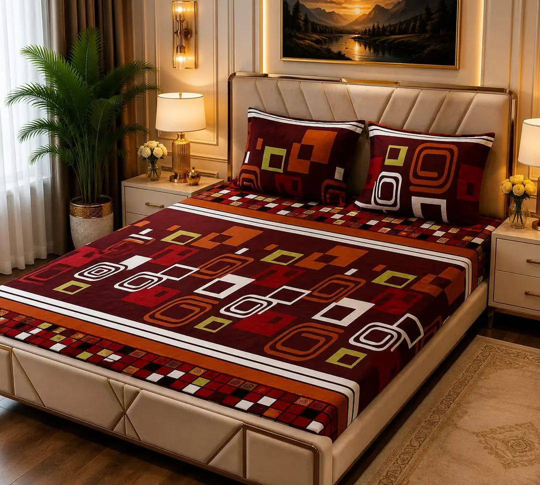 Stylish 3 Pcs Fleece Printed Double Bedsheet