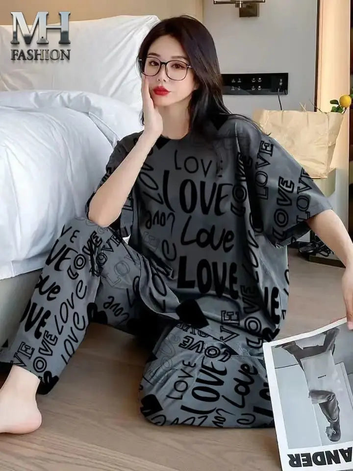 2 Pcs Women's Stitched Jersey Printed Night Suit