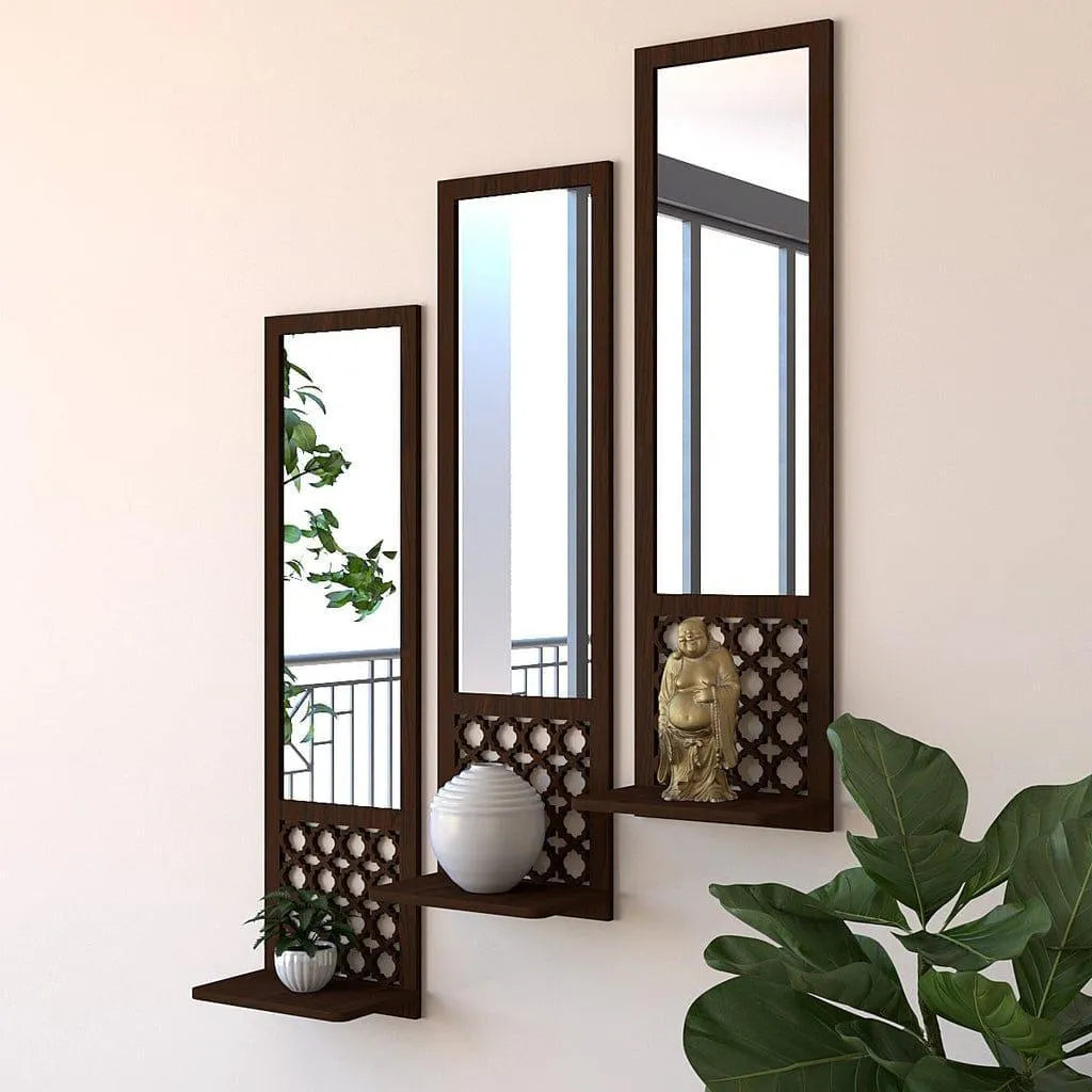 Modern Abstract Wooden Mirror Wall Shelves Set of 3