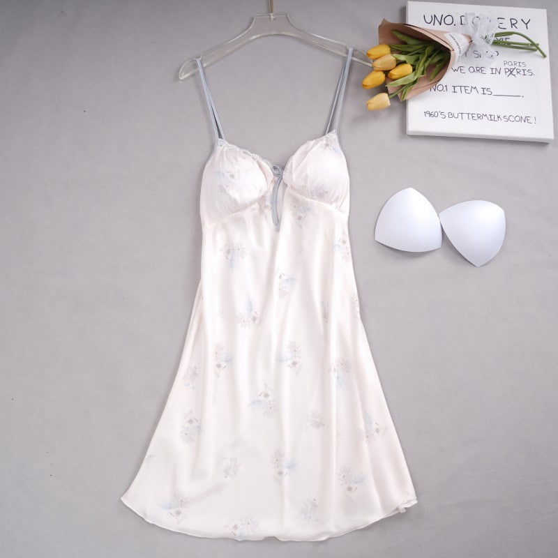 Cute Printed Ice Silk Nightgown with Belt for Women Summer Home Wear