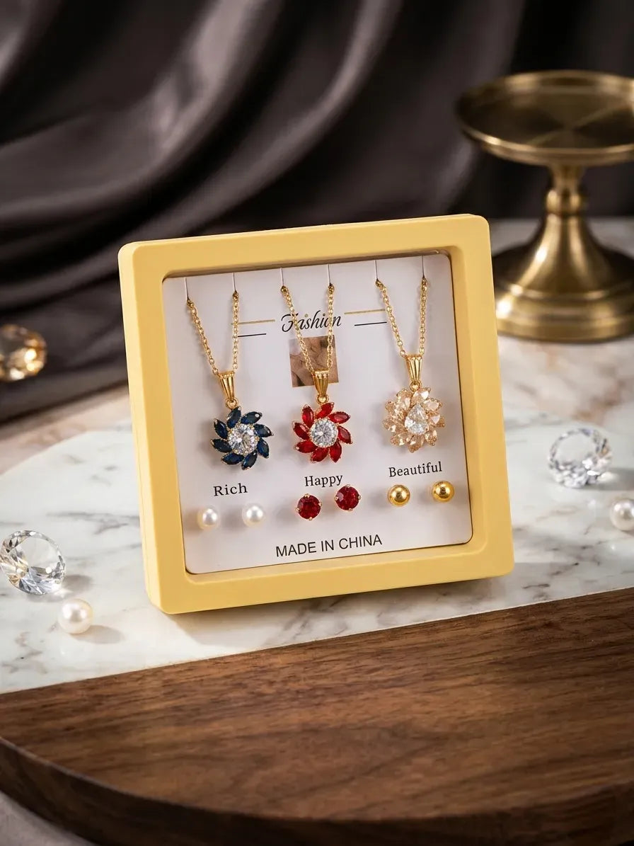 Gold Plated Crystal Flower Pendant Set for Women
