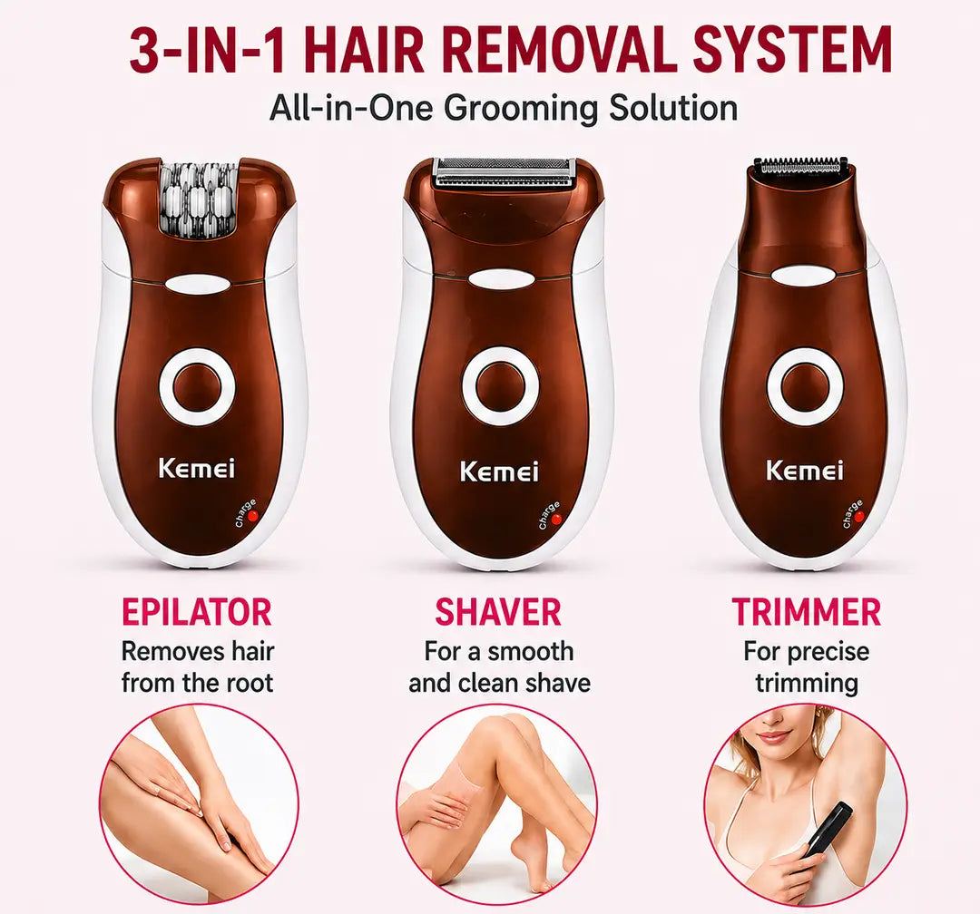 Kemei KM-3068 3-in-1 Rechargeable Epilator & Hair Removal System for Women