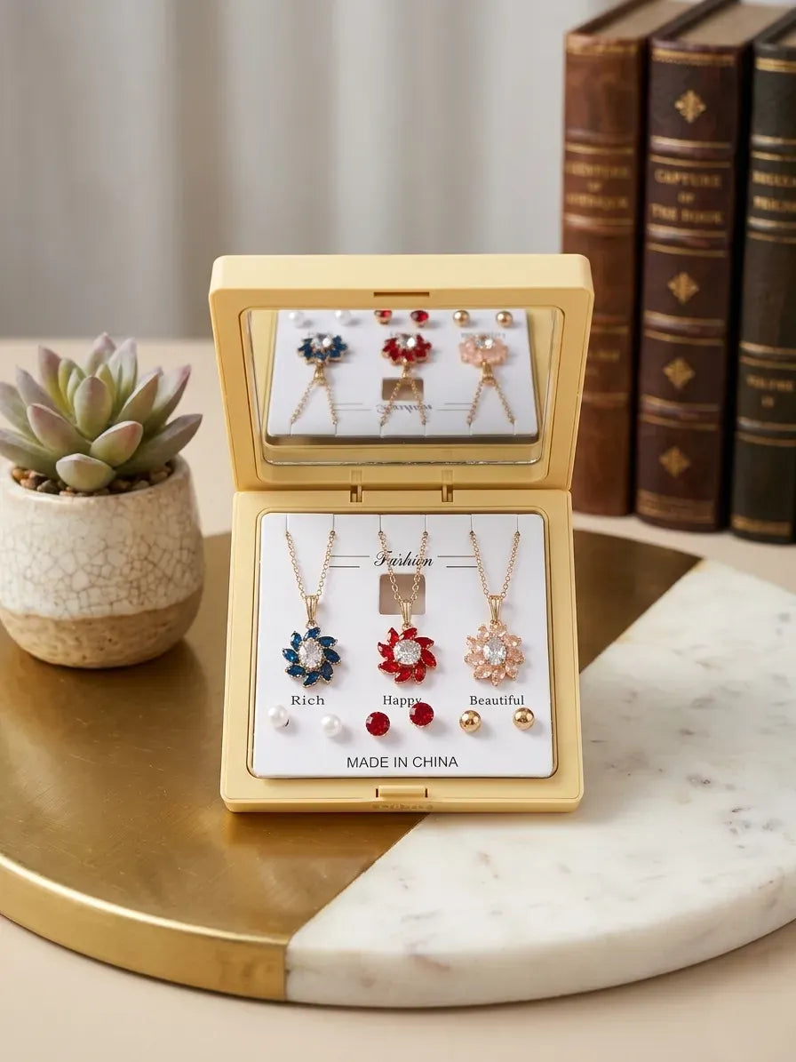 Gold Plated Crystal Flower Pendant Set for Women