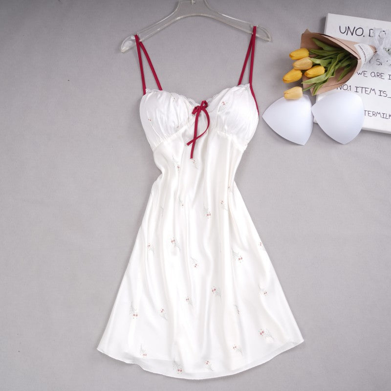 Cute Printed Ice Silk Nightgown with Belt for Women Summer Home Wear