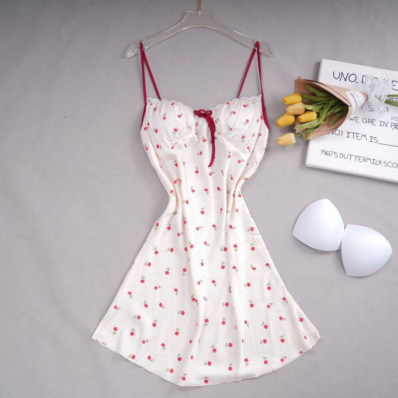 Cute Printed Ice Silk Nightgown with Belt for Women Summer Home Wear