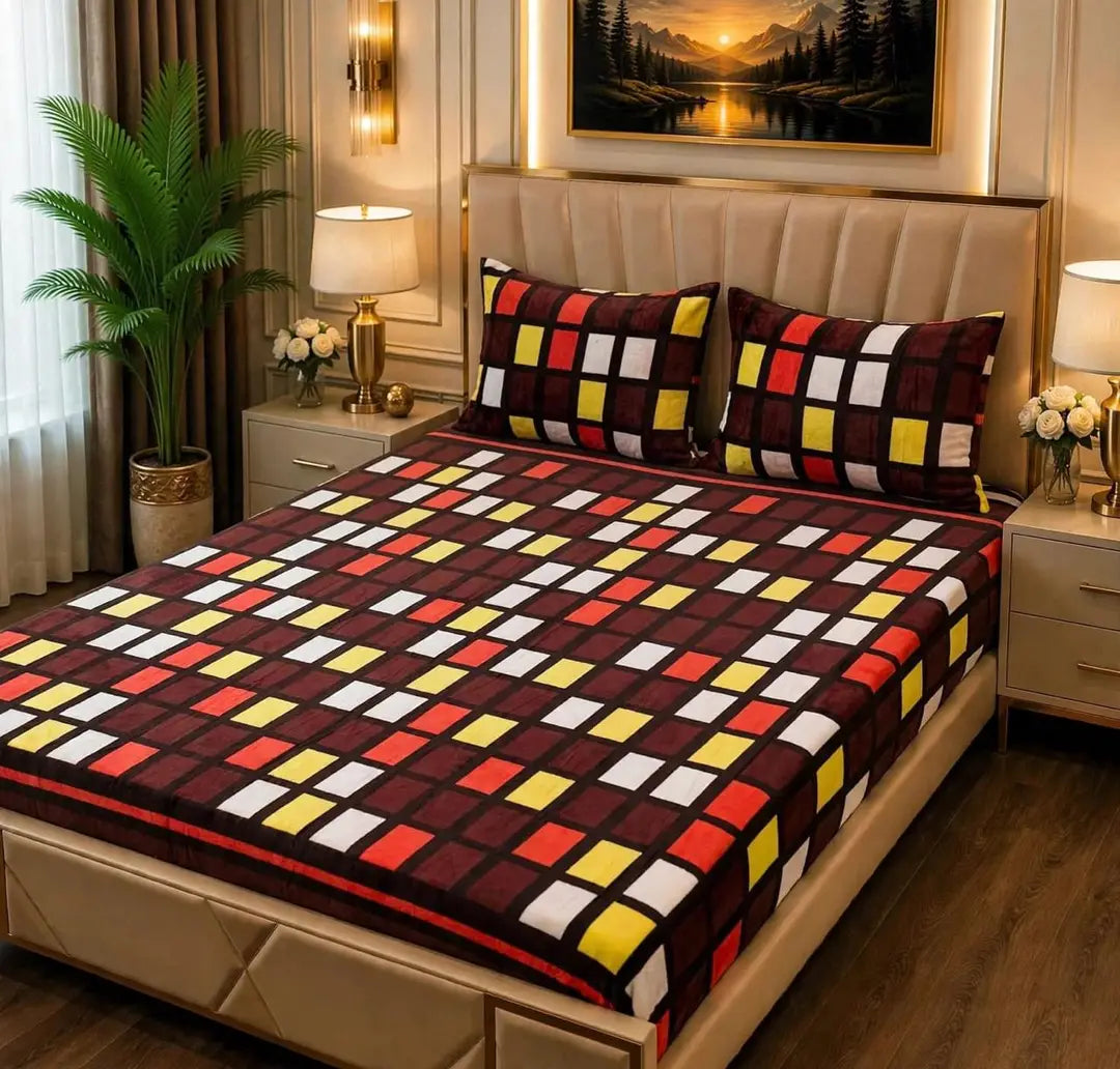 Stylish 3 Pcs Fleece Printed Double Bedsheet